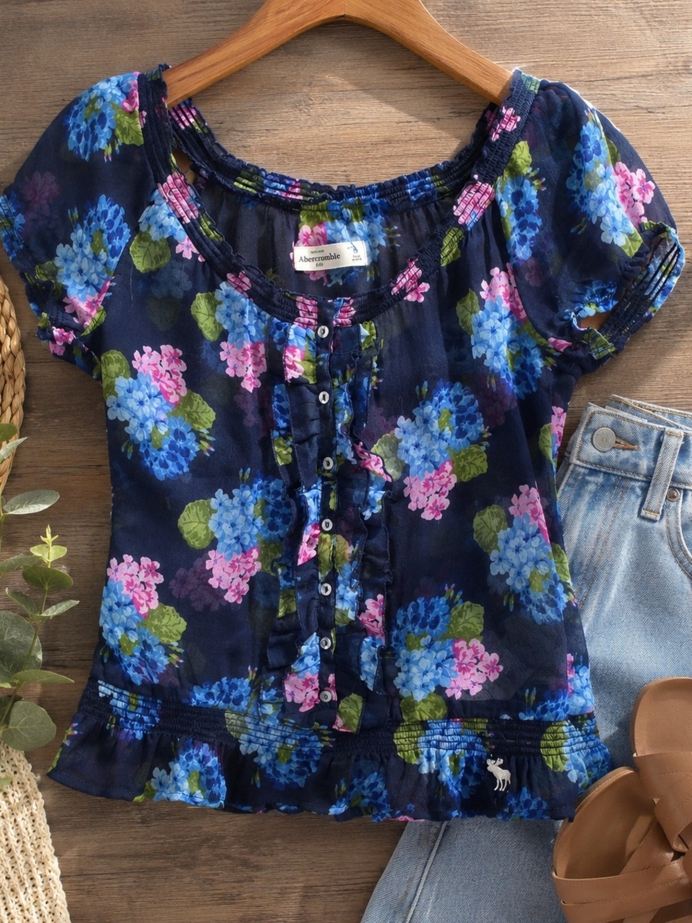 Abercrombie & Fitch Women's Medium Navy Floral Sheer Ruffle Peplum Blouse